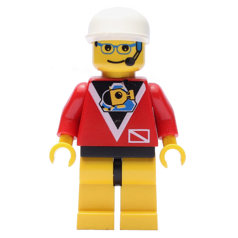 fig-008560 – Marine Explorer, Red Shirt with Divers Logo, White Cap, Glasses and Headset