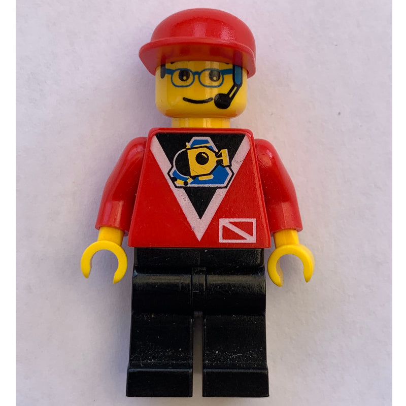 fig-008564 – Marine Explorer, Red Shirt with Divers Logo, Black Legs, Red Cap, Glasses and Headset