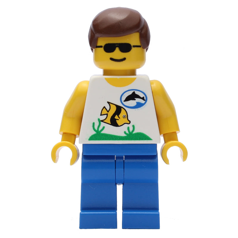 fig-008566 – Marine Explorer, White Shirt with Fish, Brown Hair, Sunglasses