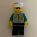 fig-008570 – Banker, Light Gray Vest with Badge and ID Badge, Black Legs, White Hat, Sunglasses