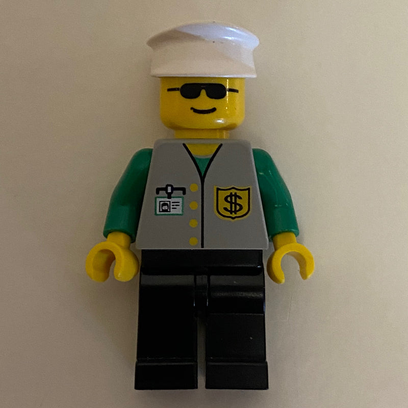 fig-008570 – Banker, Light Gray Vest with Badge and ID Badge, Black Legs, White Hat, Sunglasses