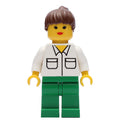 fig-008571 – Woman, White Shirt with Pockets, Green Legs, Brown Hair