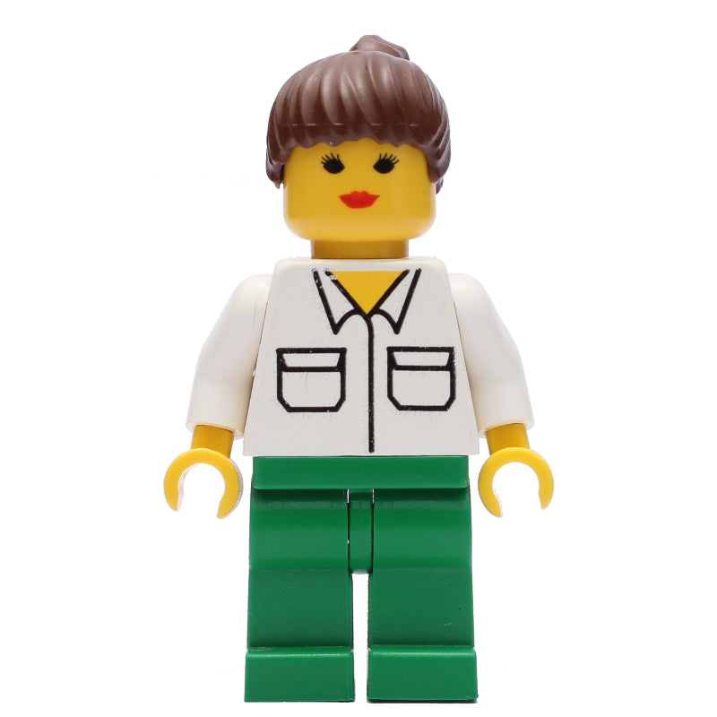 fig-008571 – Woman, White Shirt with Pockets, Green Legs, Brown Hair