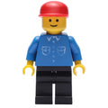 fig-008574 – Man, Blue Shirt with Buttons and Pockets, Black Legs, Red Cap