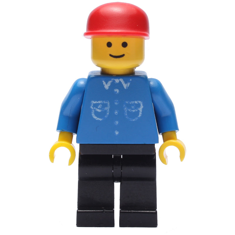 fig-008574 – Man, Blue Shirt with Buttons and Pockets, Black Legs, Red Cap