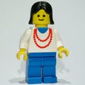 fig-008575 – Woman, White Top with Red Necklace, Blue Legs, Black Hair (3626b Head)