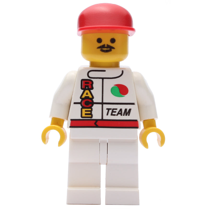 fig-008577 – Racer, White Jacket with Octan Logo and 'RACE' and 'TEAM', Red Cap, Moustache