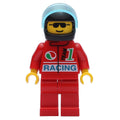 fig-008578 – Racer, Red Jacket with Octan Logo and 'RACING', Red Legs, Black Helmet with Visor, Sunglasses