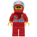 fig-008580 – Racer, Red Jacket with Octan Logo and 'RACING', Red Legs, Red Helmet with Visor, Sunglasses