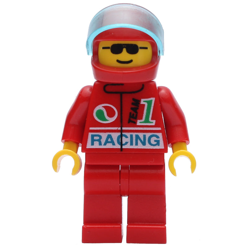 fig-008580 – Racer, Red Jacket with Octan Logo and 'RACING', Red Legs, Red Helmet with Visor, Sunglasses