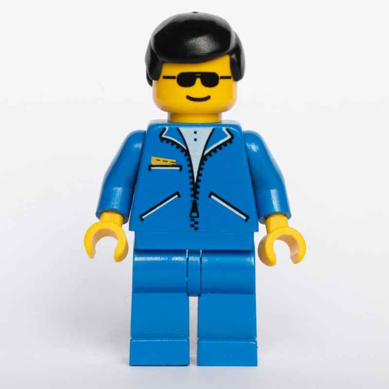 fig-008581 – Man, Blue Jacket with Zipper, Blue Legs, Black Hair, Sunglasses