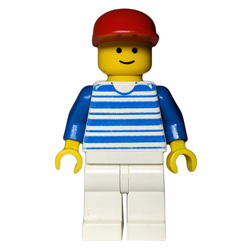 fig-008584 – Man, White and Blue Striped Shirt, White Legs, Red Cap