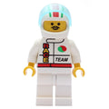 fig-008587 – Racer, White Jacket with Octan Logo and 'RACE' and 'TEAM', White Helmet with Stripes and Visor, Moustache