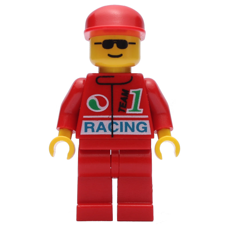 fig-008588 – Racer, Red Jacket with Octan Logo and 'RACING', Red Legs, Red Cap, Sunglasses