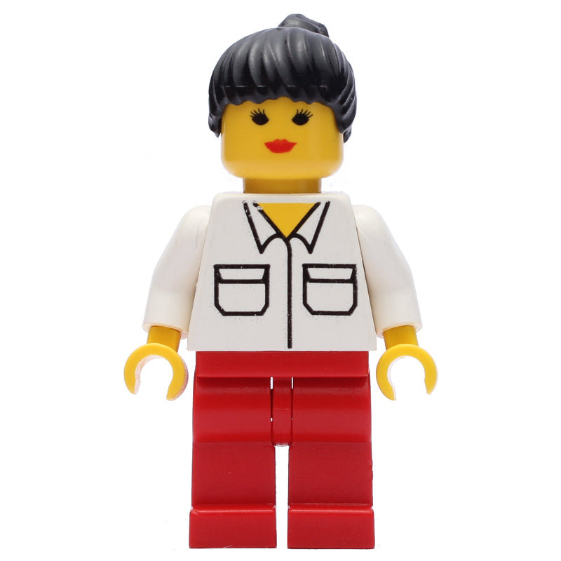fig-008589 – Woman, White Shirt with Pockets, Red Legs, Black Hair