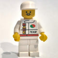fig-008590 – Racer, White Jacket with Octan Logo and 'RACE' and 'TEAM', White Legs, White Cap, Moustache