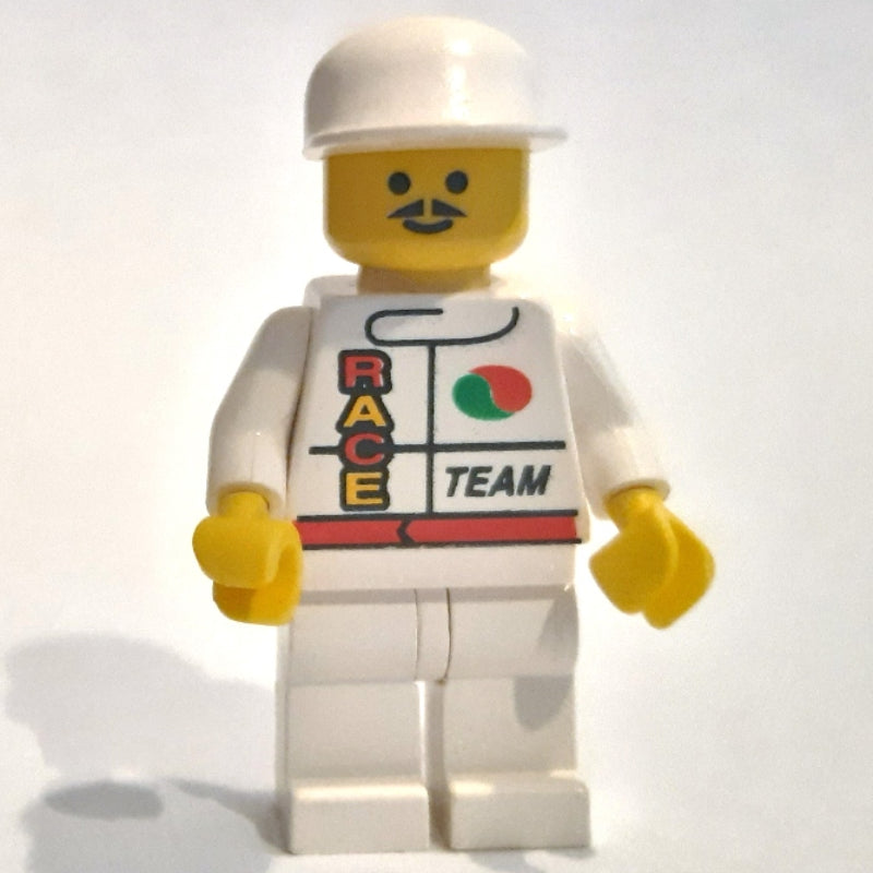 fig-008590 – Racer, White Jacket with Octan Logo and 'RACE' and 'TEAM', White Legs, White Cap, Moustache