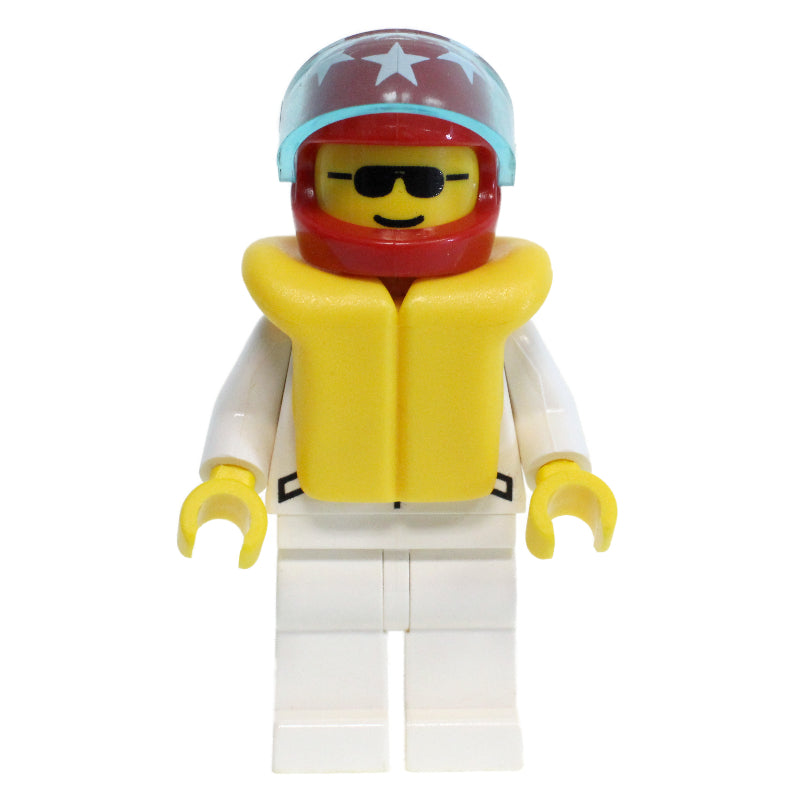 fig-008592 – Racer, White Jacket with 2 Stars, Red Helmet with Stars and Visor, Yellow Life Vest, Sunglasses