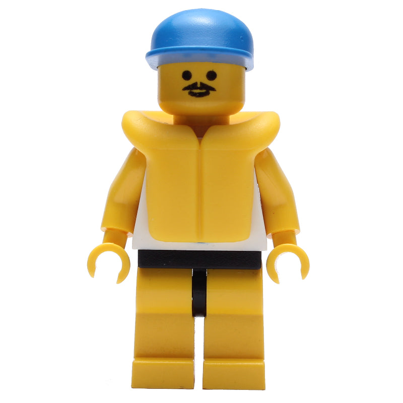 fig-008593 – Man, White Tank Top with Windsurfer, Yellow Legs, Blue Cap, Yellow Life Vest, Moustache