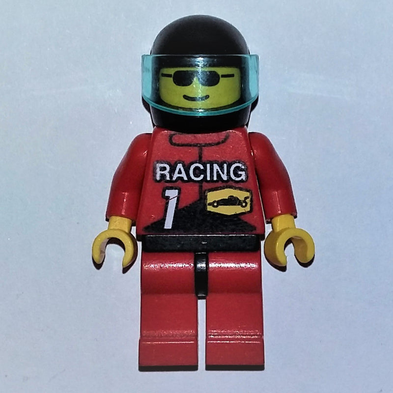 fig-008594 – Racer, Red Jacket with 'RACING' and '1', Black Helmet with Visor, Sunglasses