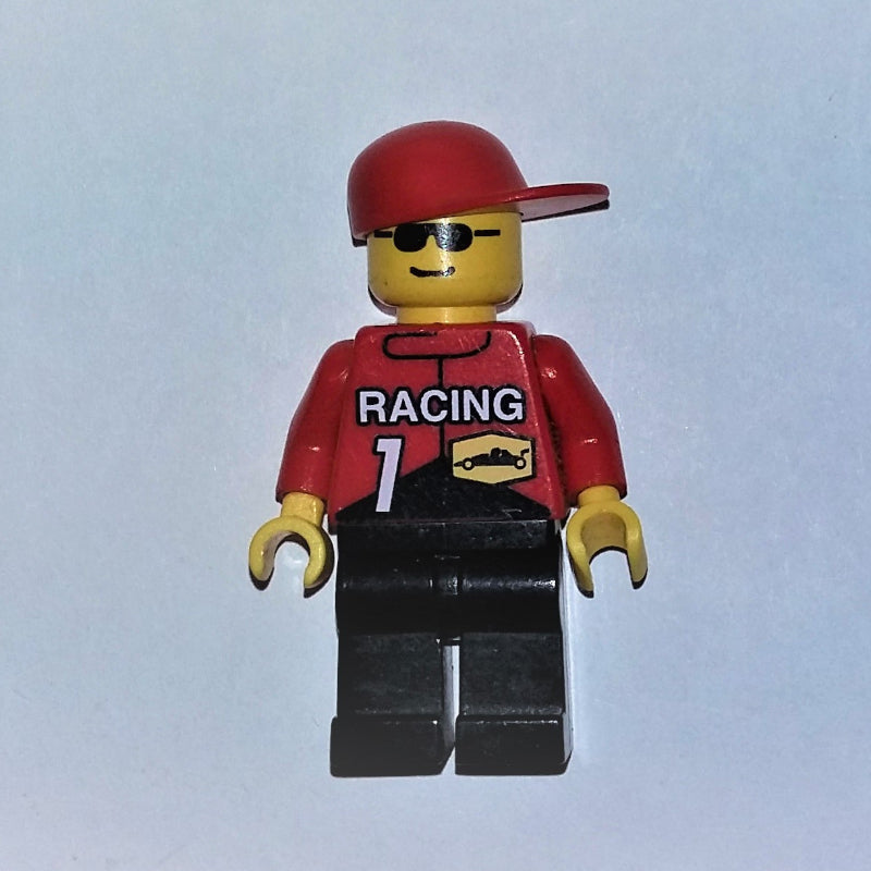 fig-008595 – Racer, Red Jacket with 'RACING' and '1', Red Cap, Sunglasses