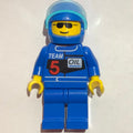 fig-008596 – Racer, Blue Jacket with 'TEAM 5', Blue Helmet with Visor, Sunglasses
