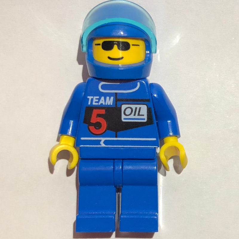 fig-008596 – Racer, Blue Jacket with 'TEAM 5', Blue Helmet with Visor, Sunglasses