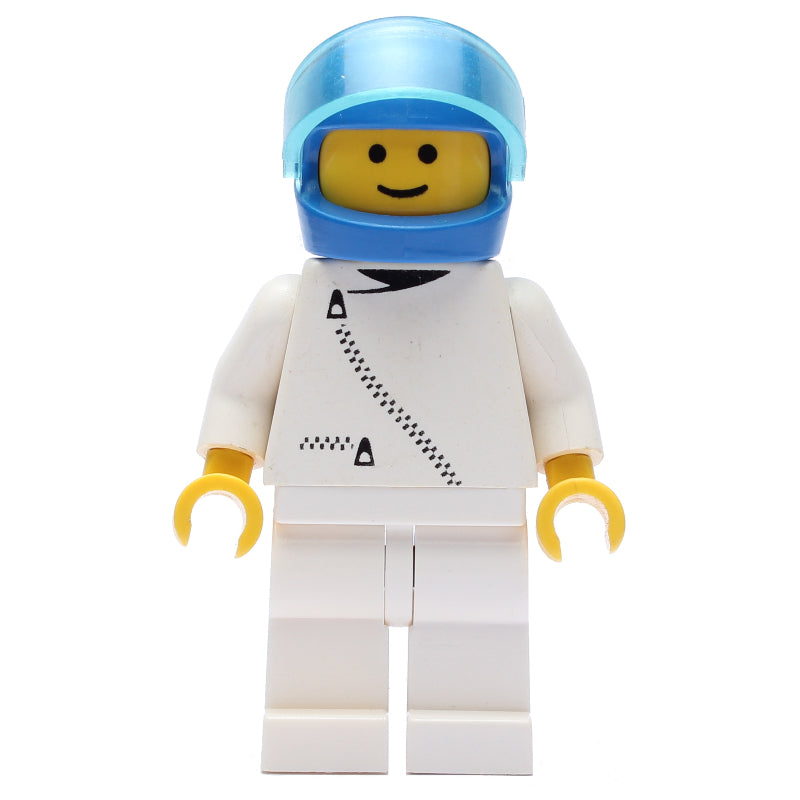 fig-008600 – Racer, White Jacket with Zipper, White Legs, Blue Helmet with Visor (3626a Head)