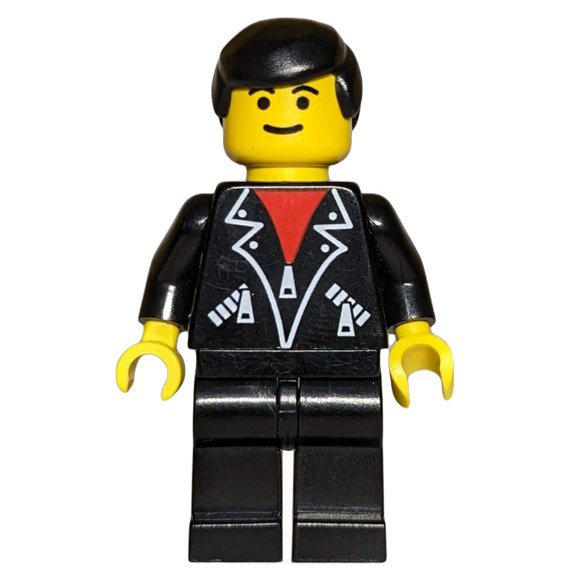 fig-008602 – Man, Open Black Jacket over Red Shirt, Black Legs, Black Hair, Eyebrows