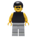 fig-008605 – Man, Black Torso with Yellow Arms, Light Gray Legs, Black Hair, Sunglasses