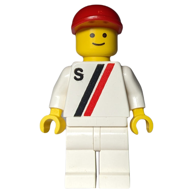 fig-008612 – Racer, White Shirt with Two Stripes and 'S', White Legs, Red Cap