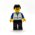 fig-008615 – Man, Open White Vest over Blue and Green Striped Shirt, Black Legs, Black Hair