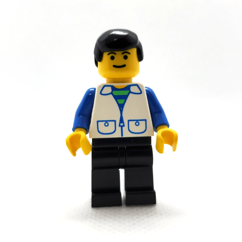 fig-008615 – Man, Open White Vest over Blue and Green Striped Shirt, Black Legs, Black Hair