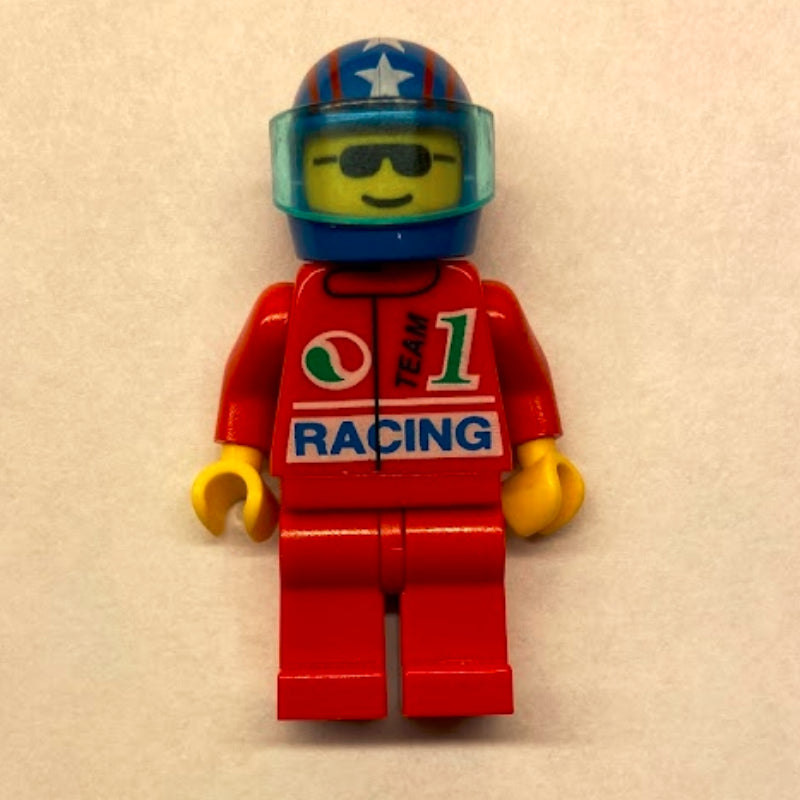 fig-008616 – Racer, Red Jacket with Octan Logo and 'RACING', Blue Helmet with Stars and Visor, Sunglasses