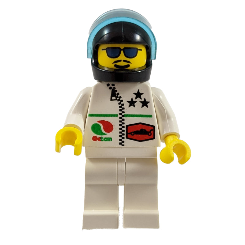 fig-008618 – Racer, White Jacket with Zipper and Octan Logo, Black Helmet with Visor, Blue Sunglasses and Moustache