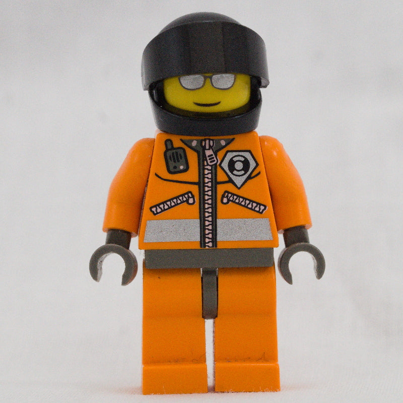 fig-008622 – Coast Guard, Orange Jumpsuit with Zipper, Radio, and Badge, Dark Gray Helmet with Visor, Silver Sunglasses