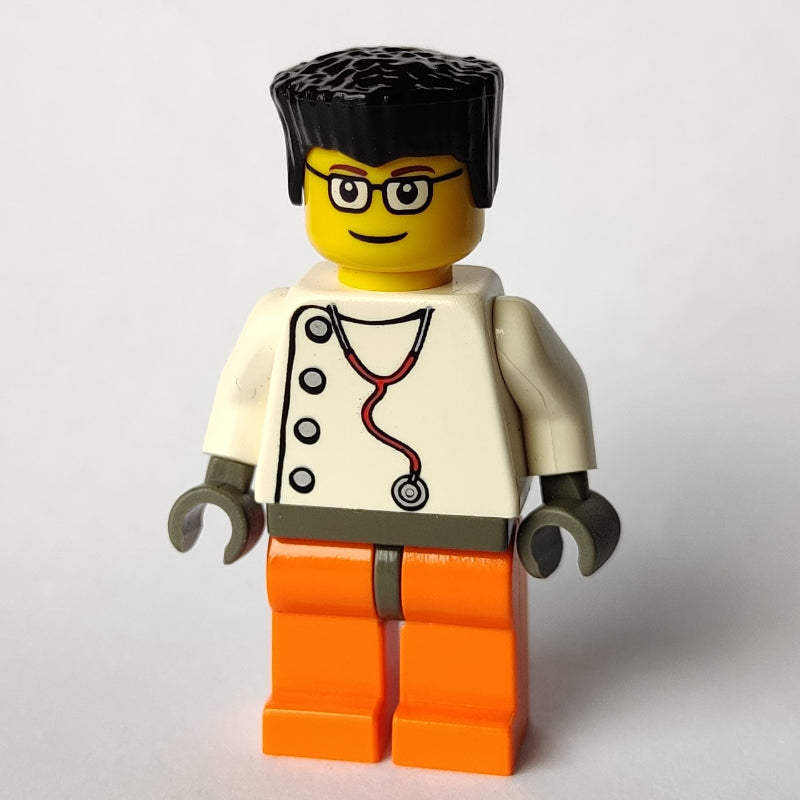 fig-008625 – Doctor, White Shirt with Stethoscope and Side Buttons, Black Hair, Glasses