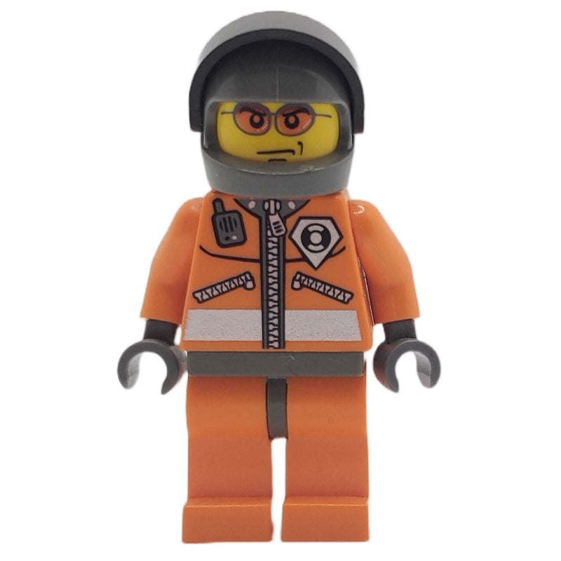 fig-008627 – Coast Guard, Orange Jumpsuit with Zipper, Radio, and Badge, Dark Bluish Gray Hands, Dark Bluish Gray Helmet with Visor, Orange Sunglasses
