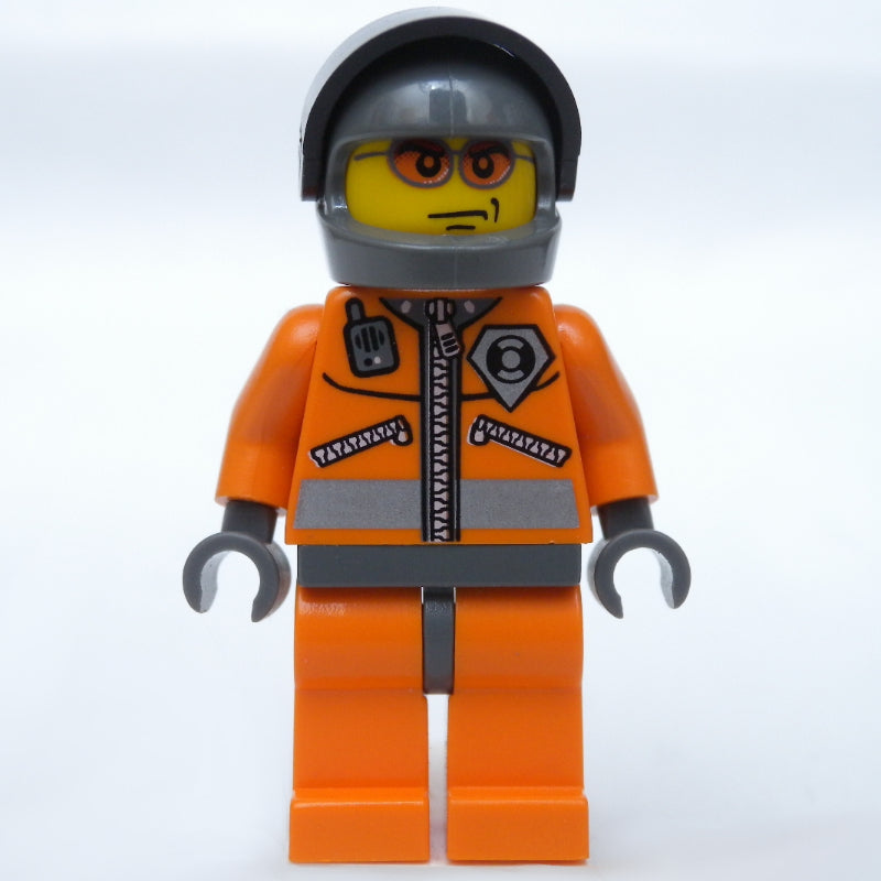 fig-008630 – Coast Guard, Orange Jumpsuit with Zipper, Radio, and Badge, Dark Gray Hands, Dark Bluish Gray Helmet with Visor, Orange Sunglasses