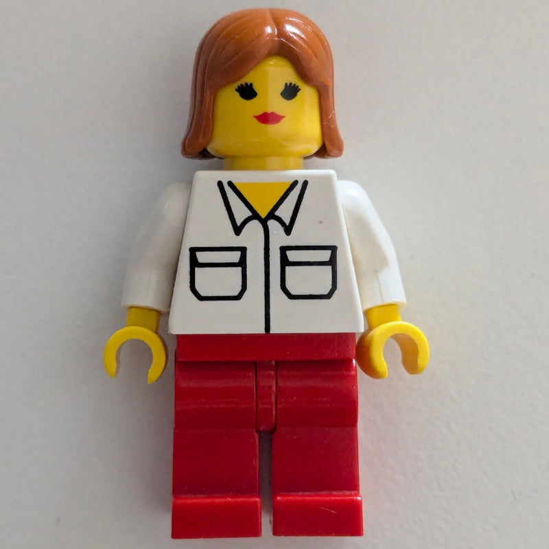 fig-008632 – Woman, White Shirt with Pockets, Red Legs, Dark Orange Hair