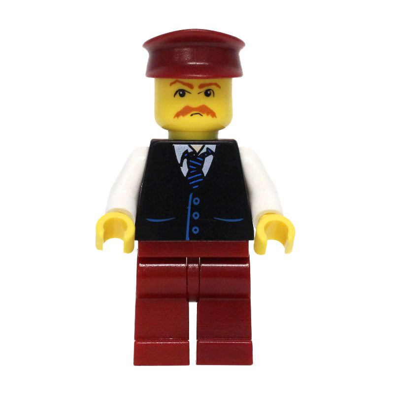 fig-008633 – Man, Black Vest over White Shirt with Tie, Dark Red Legs, Dark Red Hat, Moustache