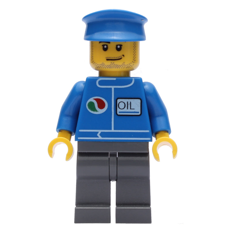 fig-008636 – Mechanic, Blue Jacket with Octan Logo, Dark Bluish Gray Legs, Blue Hat, Stubble