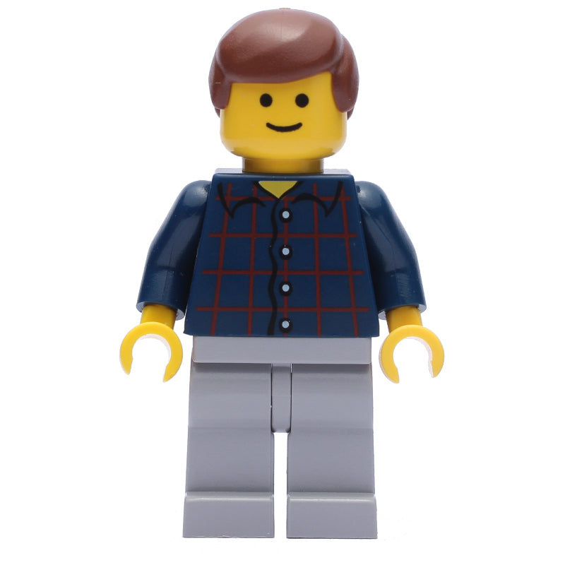 fig-008637 – Man, Dark Blue Plaid Shirt, Light Bluish Gray Legs, Reddish Brown Hair