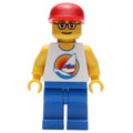 fig-008638 – Man, White Tank Top with Windsurfer, Blue Legs, Red Cap, Glasses