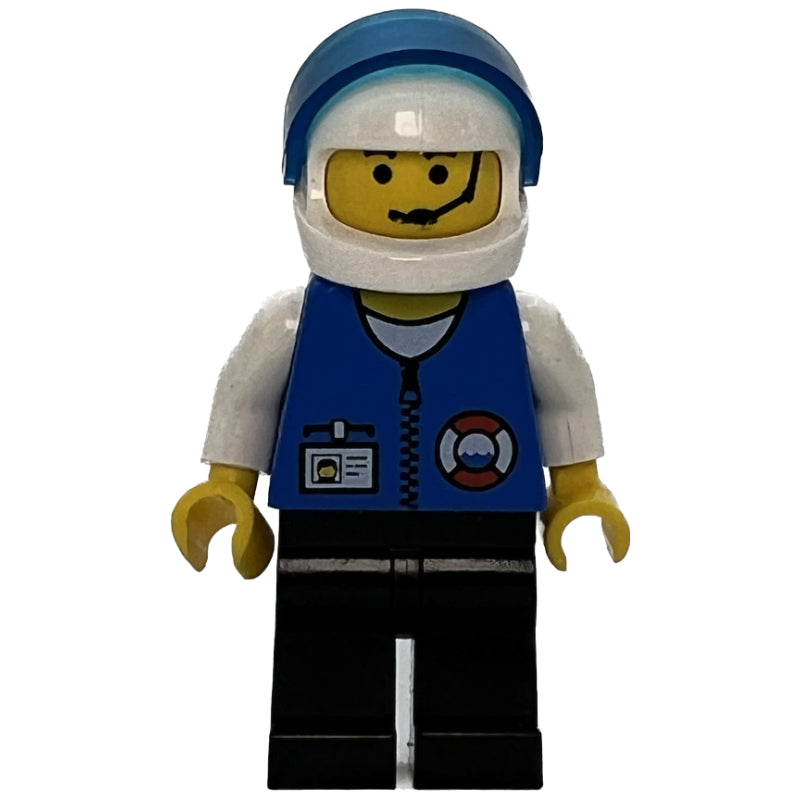 fig-008643 – Coast Guard, Blue Jacket with Zipper and ID Badge. White Helmet with Visor, Headset