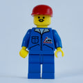 fig-008646 – Construction Worker, Blue Jacket with Zipper and Bulldozer Badge, Blue Legs, Red Cap, Moustache