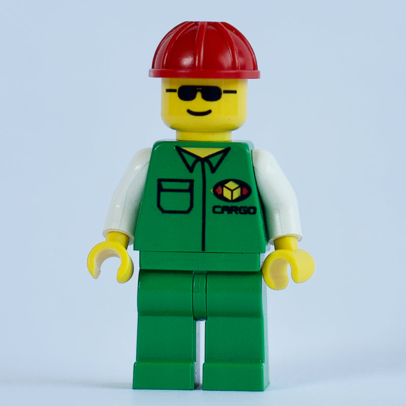 fig-008648 – Cargo Worker, Green Jacket with Pocket, Red Hard Hat, Sunglasses