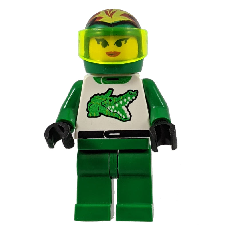 fig-008650 – Racer, Woman, Green and White Outfit with Crocodile, Green Helmet with Flames and Visor