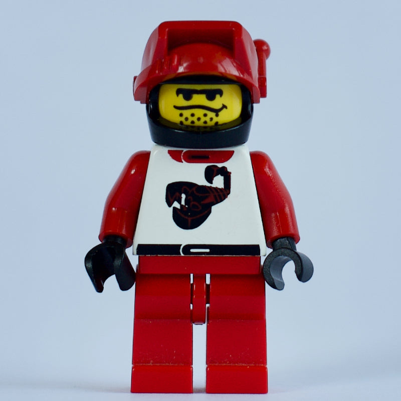 fig-008651 – Racer, Red and White Outfit with Scorpion, Black Helmet with Visor with Antenna
