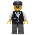 fig-008652 – Man, Black Vest over White Shirt with Tie, Dark Gray Legs, Black Cap, Moustache